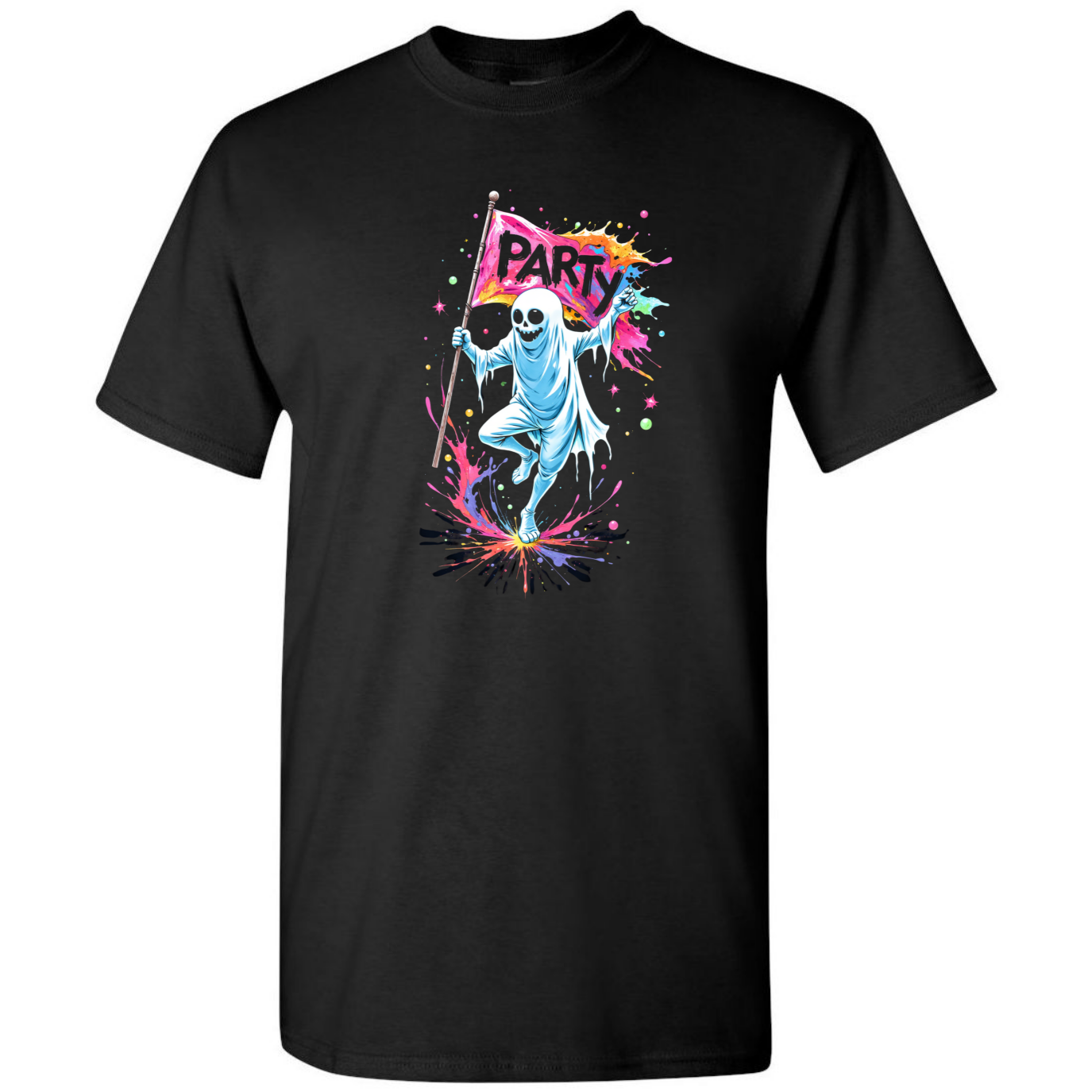 Men’s “Party Ghoul” Halloween Tee – Neon Ghost – Printed in USA