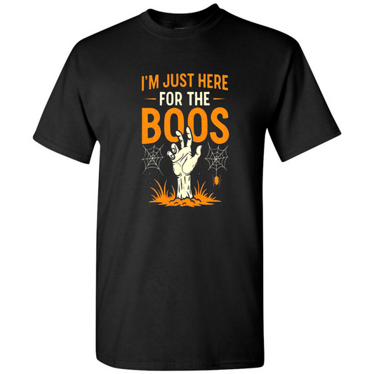 I’m Just Here for the Boos – Funny Halloween Zombie Hand T-Shirt – Seasonal Top