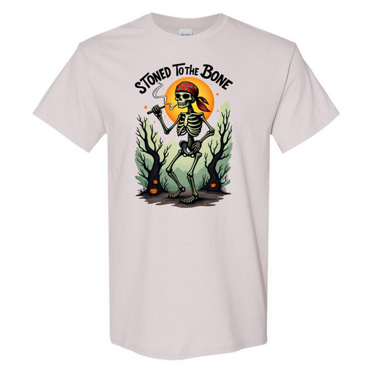 Men’s “Stoned To The Bone” 420 Tee – Halloween Skeleton – Printed in USA