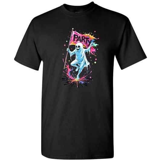 Men’s “Party Ghoul” Halloween Tee – Neon Ghost – Printed in USA
