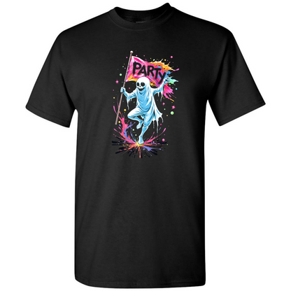 Men’s “Party Ghoul” Halloween Tee – Neon Ghost – Printed in USA